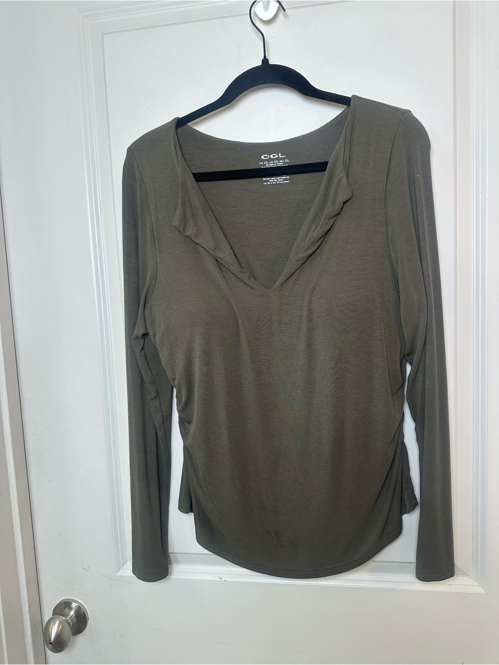 OGL Olive Green V- Neck Long Sleeve Top with Built In Bra Top, Size 2XL